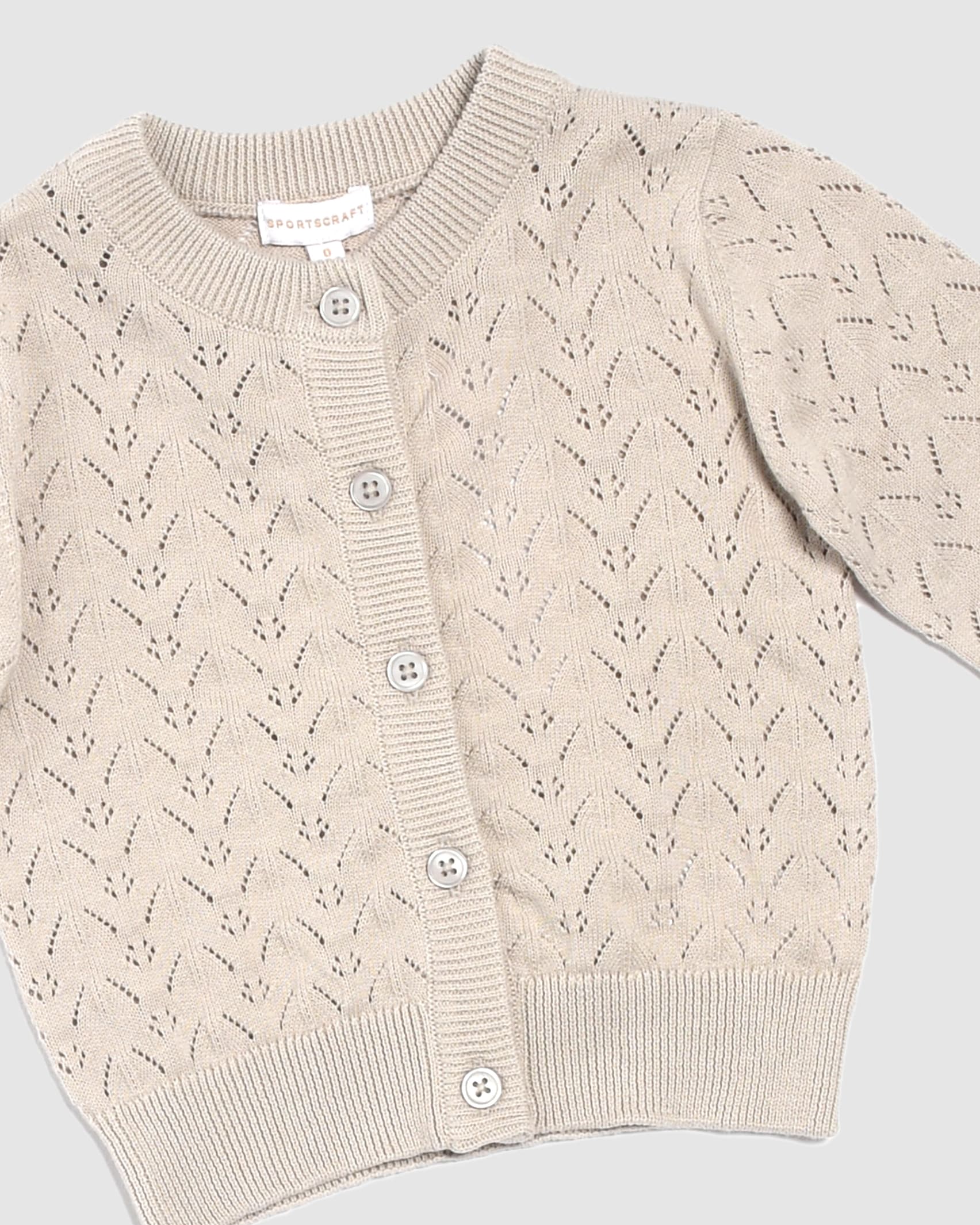 Prue Pointelle Knit Baby Cardi in TAUPE