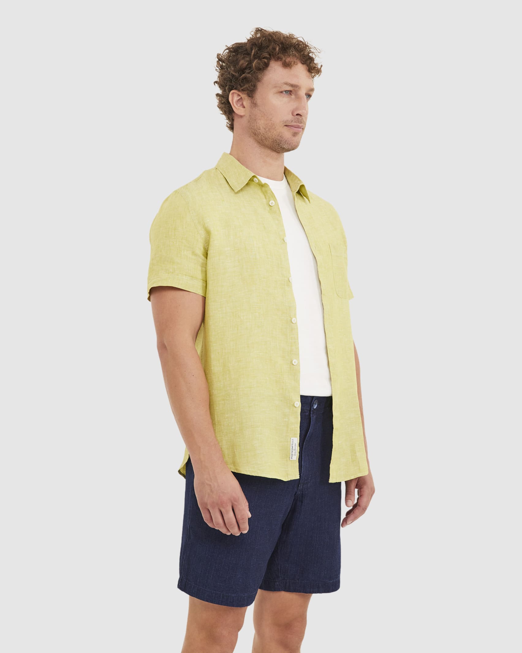 Yarn Dyed Linen Short Sleeve Shirt in CHARTREUSE