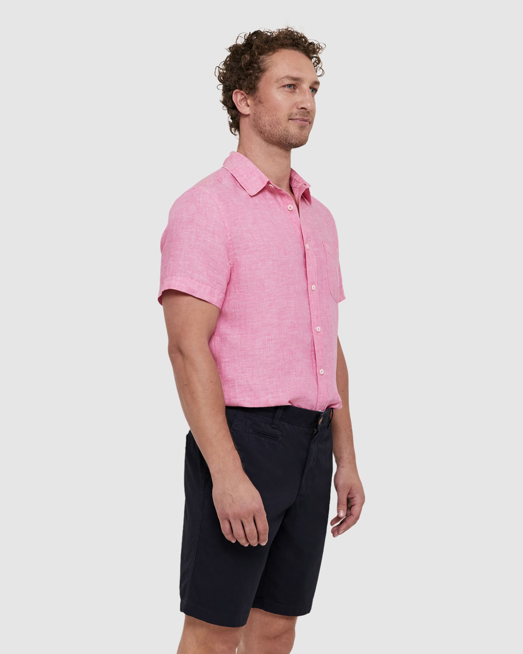 Yarn Dyed Linen Short Sleeve Shirt in CAMPARI