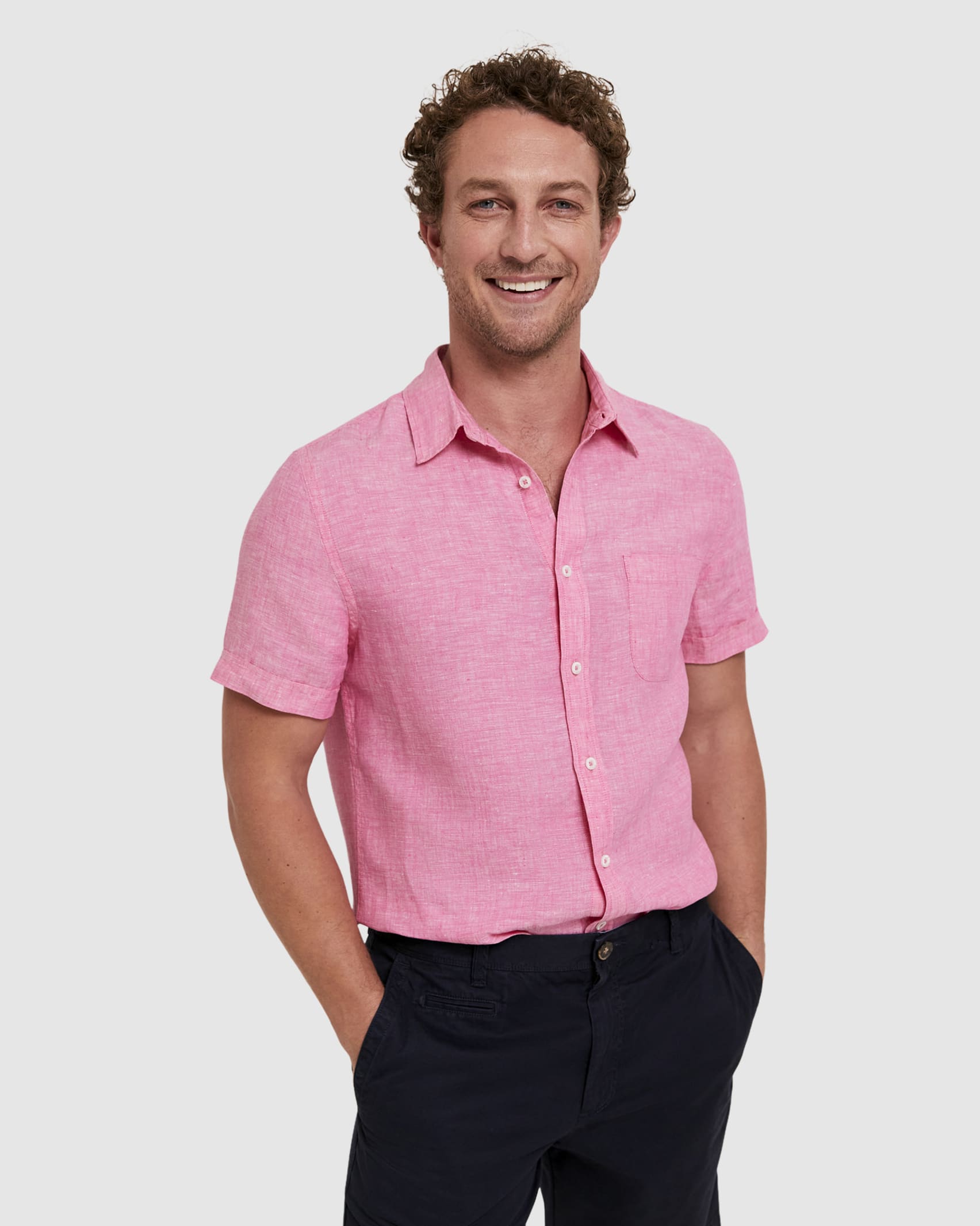Yarn Dyed Linen Short Sleeve Shirt in CAMPARI