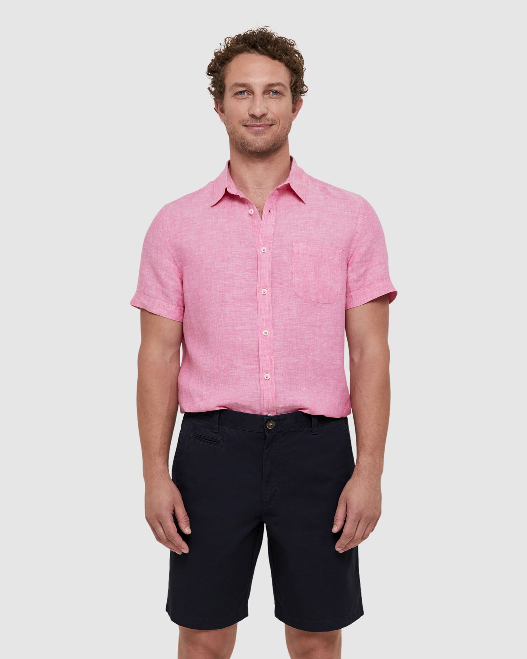 Yarn Dyed Linen Short Sleeve Shirt in CAMPARI