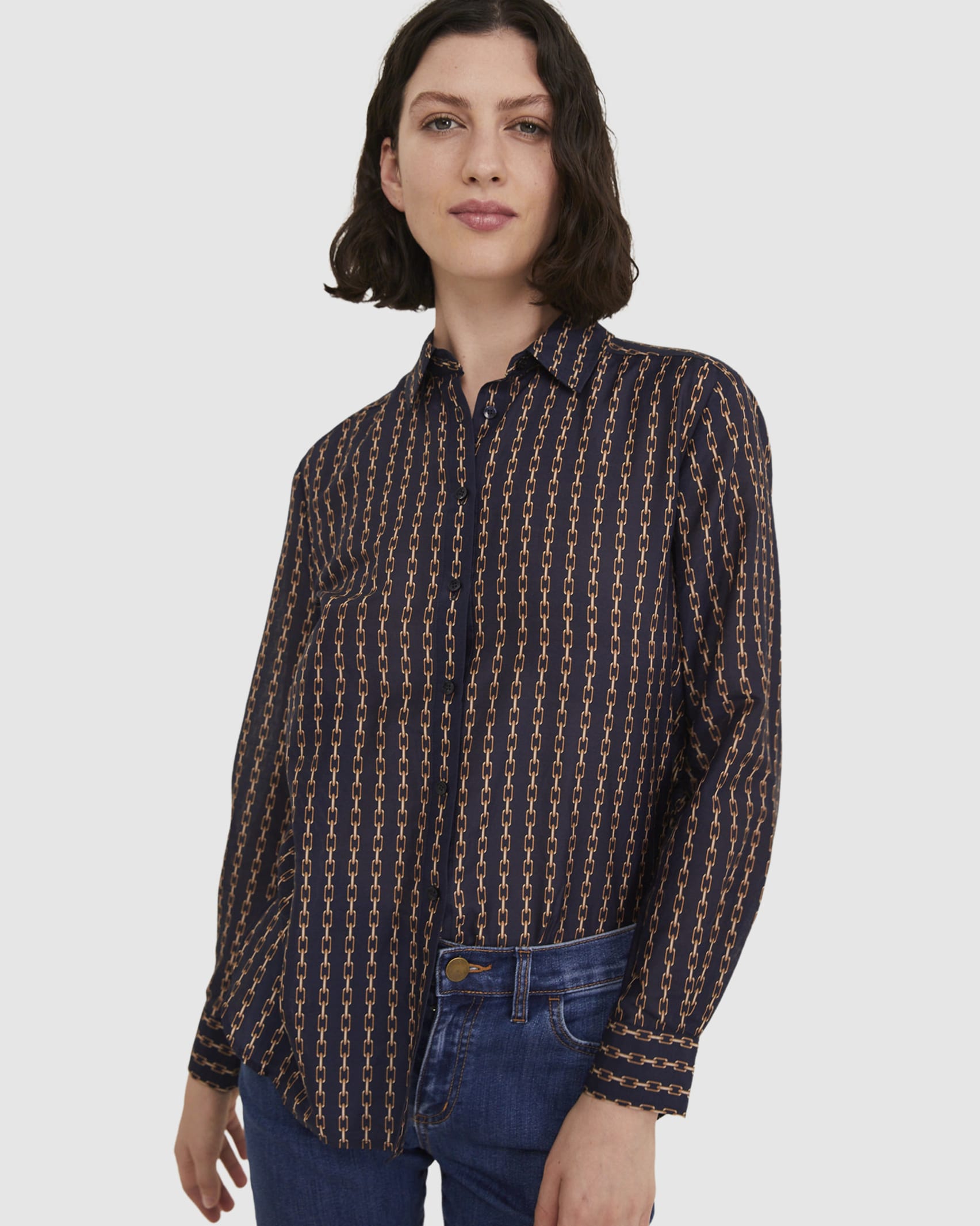 Chain Cotton Silk Shirt in NAVY MULTI