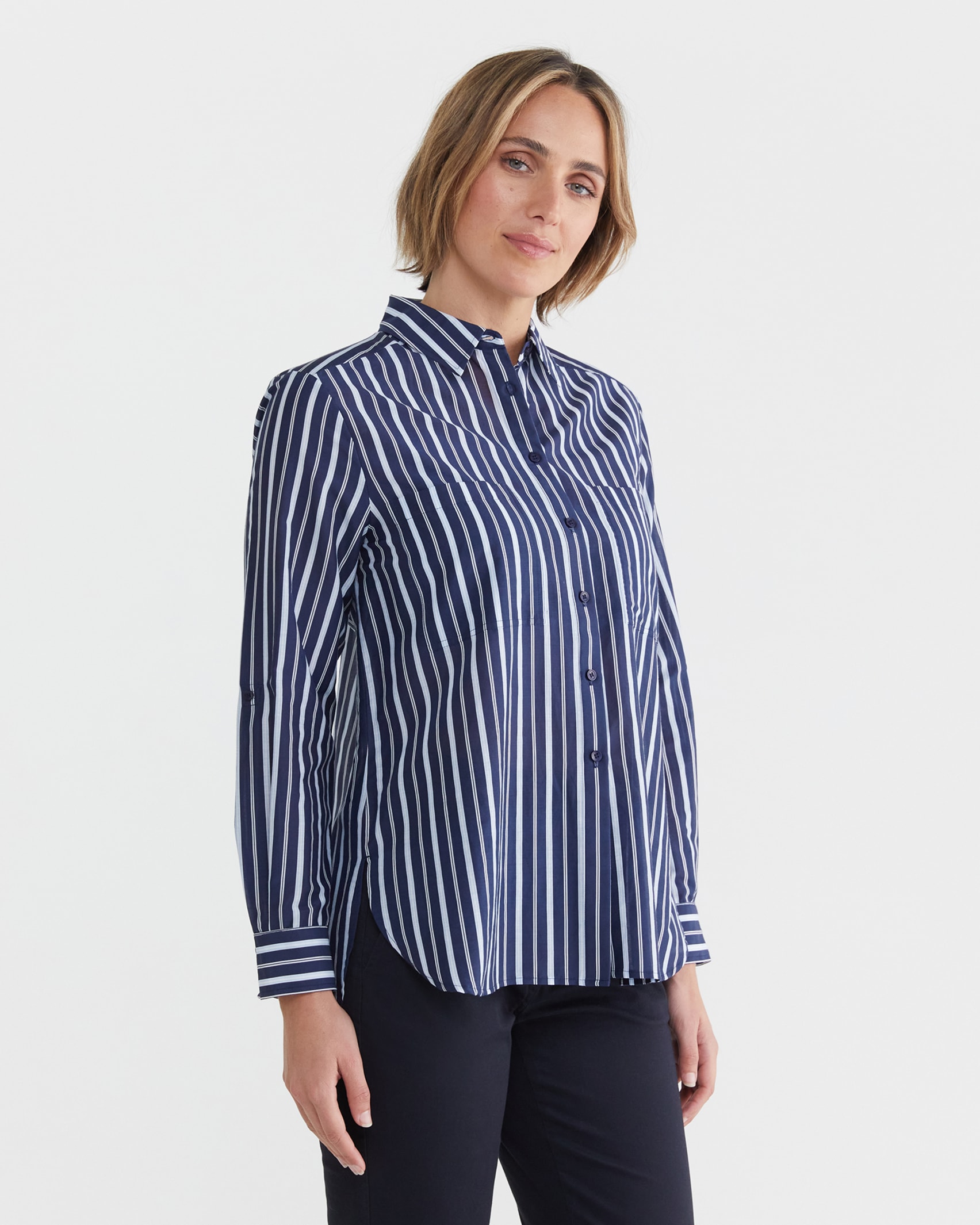 Stripe Cotton Silk Shirt in NAVY/WHITE