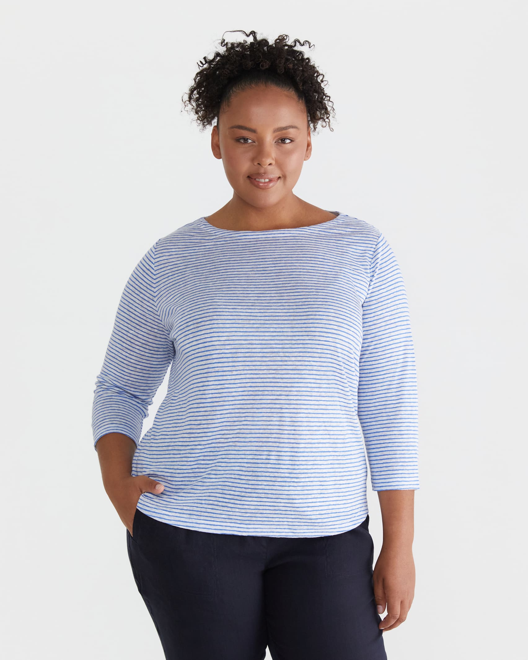 Cecile Linen Top in BLUE/WHITE