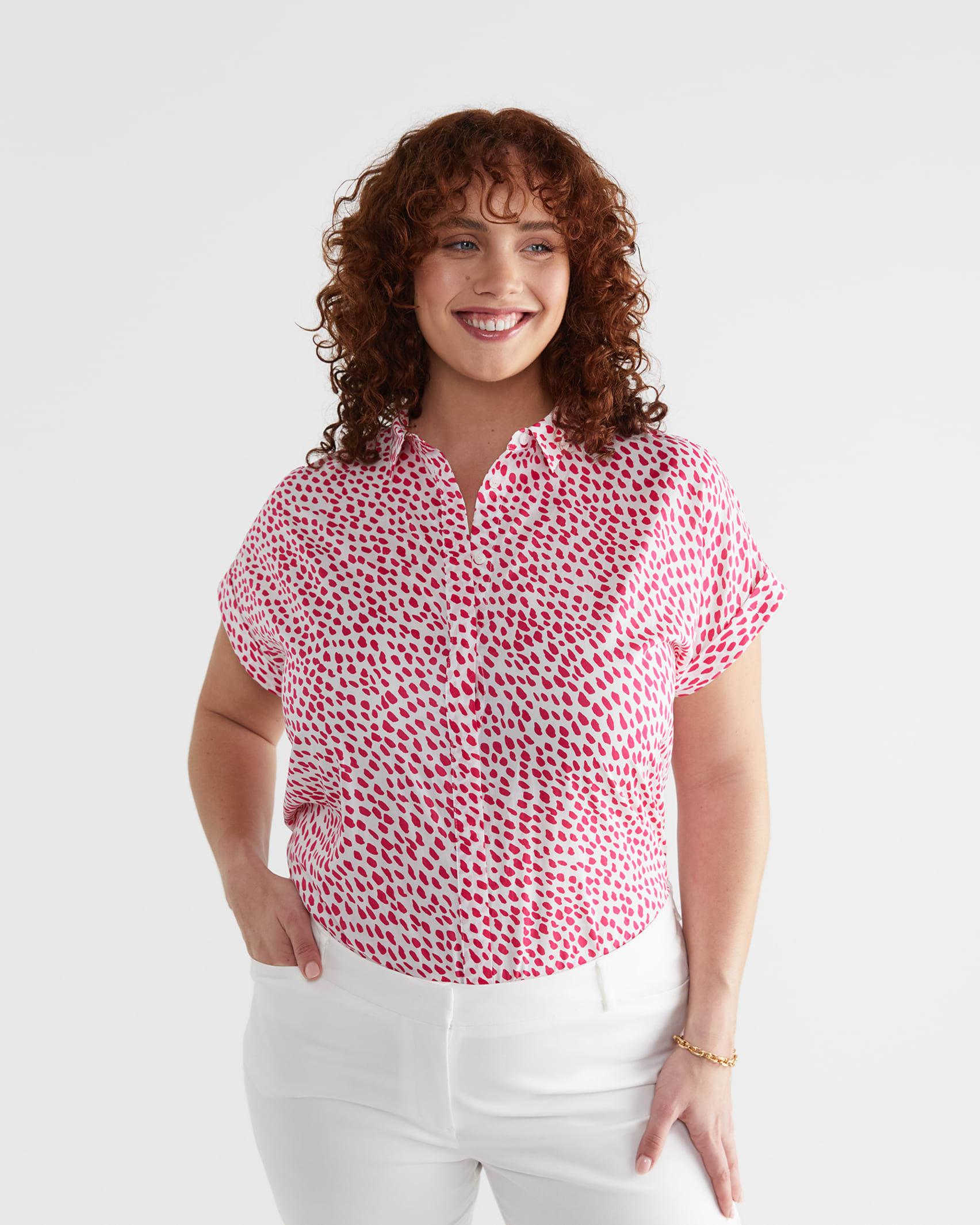 Dashed Lily Voile Short Sleeve Shirt in PINK/WHITE