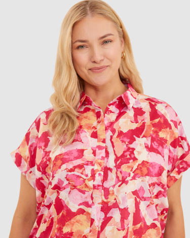 Cora Lily Voile Short Sleeve Shirt in MAGENTA