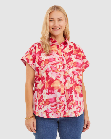Cora Lily Voile Short Sleeve Shirt in MAGENTA