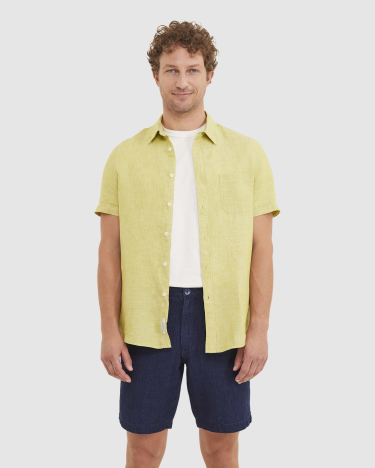 Yarn Dyed Linen Short Sleeve Shirt in CHARTREUSE