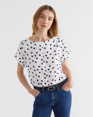Allegra Spot Linen Top in NAVY/WHITE