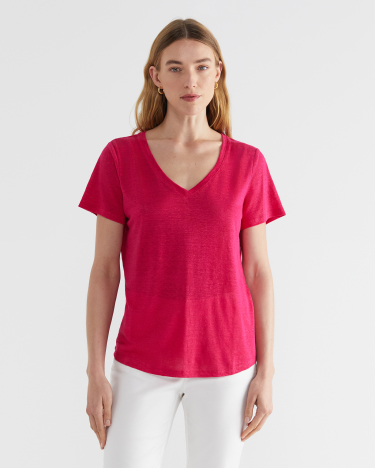 Tonia V Neck Linen Tee in BRIGHT PINK