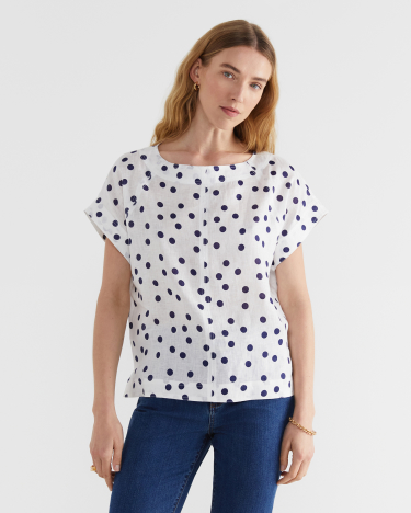 Allegra Spot Linen Top in NAVY/WHITE