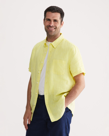 Yarn Dyed Linen Short Sleeve Shirt in LEMON