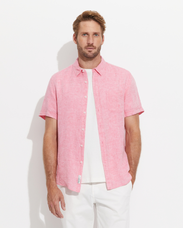 Yarn Dyed Linen Short Sleeve Shirt in PUNCH