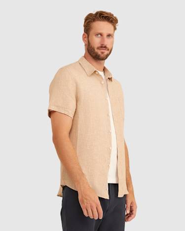 Yarn Dyed Linen Short Sleeve Shirt in LIGHT TAUPE