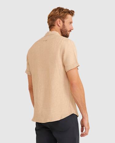 Yarn Dyed Linen Short Sleeve Shirt in LIGHT TAUPE