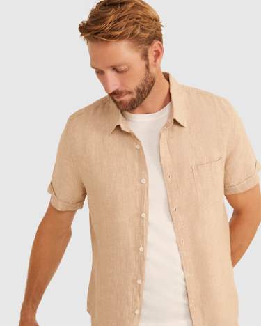 Yarn Dyed Linen Short Sleeve Shirt in LIGHT TAUPE