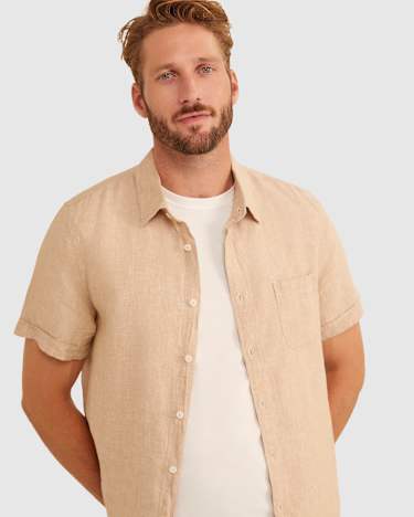 Yarn Dyed Linen Short Sleeve Shirt in LIGHT TAUPE