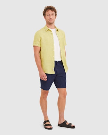 Yarn Dyed Linen Short Sleeve Shirt in CHARTREUSE