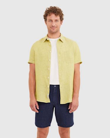 Yarn Dyed Linen Short Sleeve Shirt in CHARTREUSE