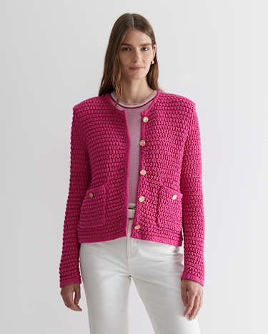 Olivia Tape Yarn Cardigan in CERISE