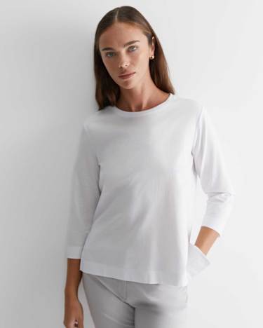 Cotton Crew 3 Quarter Sleeve T-Shirt in WHITE