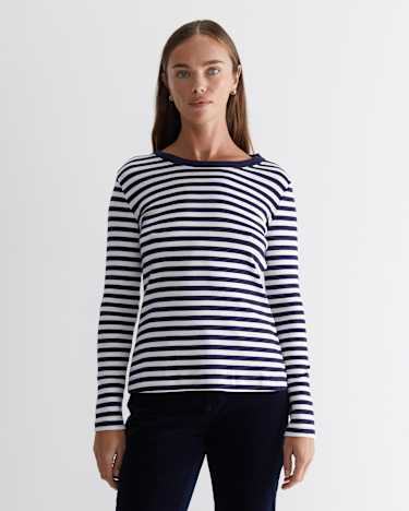 Heidi Long Sleeve Rib Tee in NAVY/WHITE