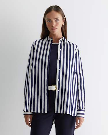 Hayley Stripe Cotton Silk Shirt in NAVY/WHITE