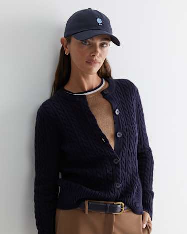 Cable Merino Cotton Cardigan in NAVY