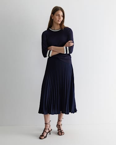 Andrea Pleat Midi Skirt in NAVY