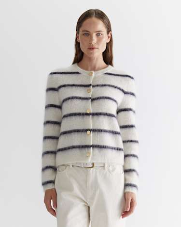 Tatiana Mohair Stripe Cardigan in WHITE/NAVY
