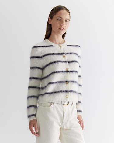 Tatiana Mohair Stripe Cardigan in WHITE/NAVY