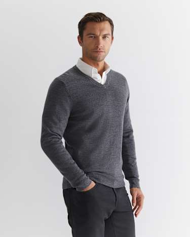 Merino V-Neck Knit in CHARCOAL MELANGE