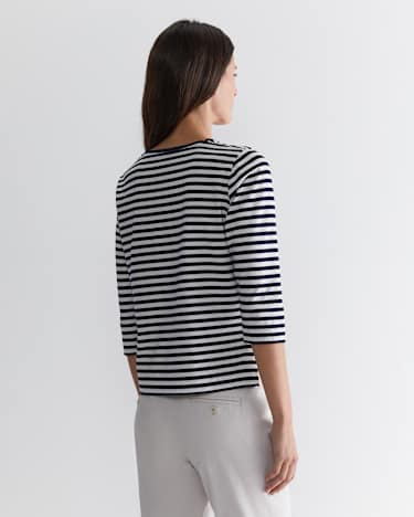 Cotton Crew 3 Quarter Sleeve T-Shirt in NAVY/WHITE