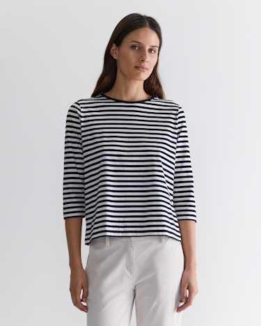 Cotton Crew 3 Quarter Sleeve T-Shirt in NAVY/WHITE