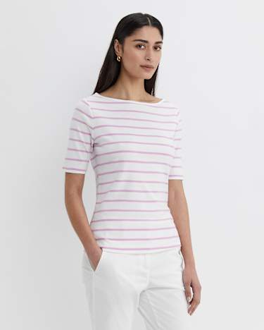 Heidi Boat Neck Half Sleeve Tee in WHITE/PINK
