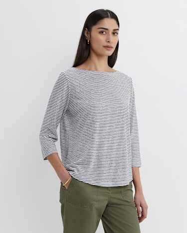 Cecile Linen Top in WHITE/NAVY