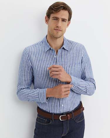 Chalmers Long Sleeve Stripe Linen Shirt in BLUE/WHITE
