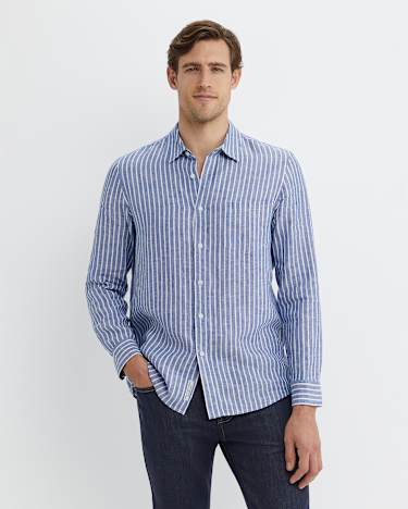 Chalmers Long Sleeve Stripe Linen Shirt in BLUE/WHITE