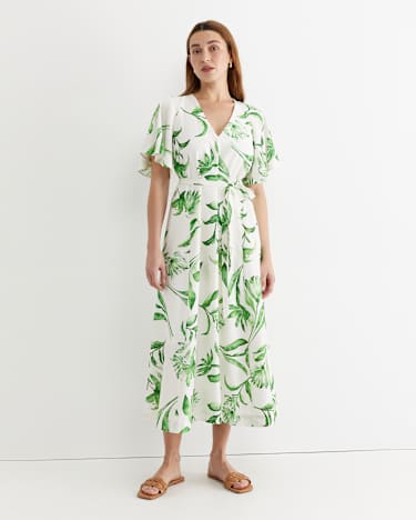 Botanical Silk Blend Midi Dress in GREEN MULTI