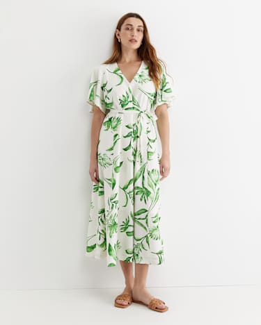 Botanical Silk Blend Midi Dress in GREEN MULTI