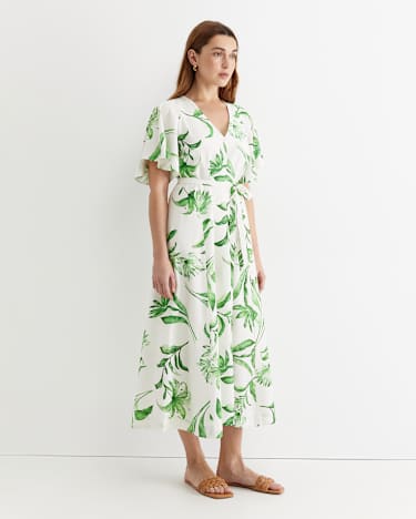 Botanical Silk Blend Midi Dress in GREEN MULTI