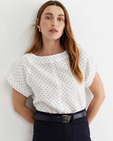 Allegra Spot Linen Top in WHITE/NAVY