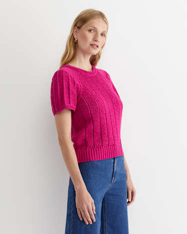 Josie Tape Yarn Flutter Top in BERRY