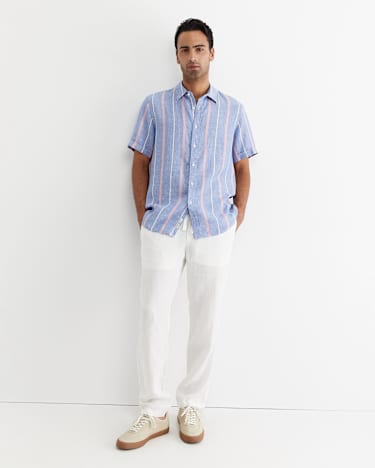 Redfern Short Sleeve Linen Stripe Shirt in PINK/BLUE
