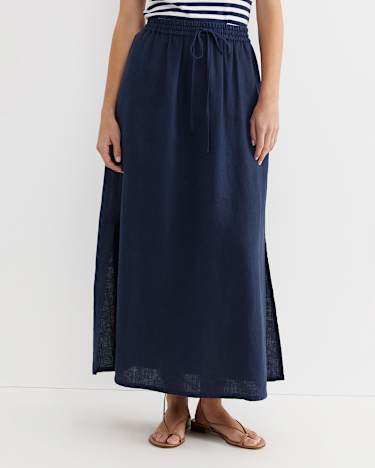 Lulu Linen Midi Skirt in NAVY