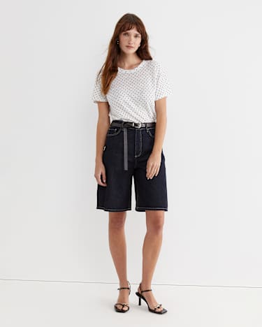 Tonia Spot Linen Tee in WHITE/NAVY