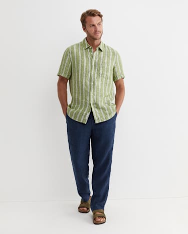 Flynn Short Sleeve Stripe Linen Shirt in GREEN MULTI