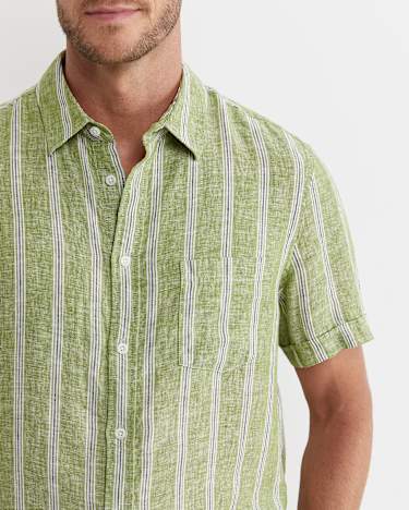 Flynn Short Sleeve Stripe Linen Shirt in GREEN MULTI
