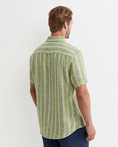 Flynn Short Sleeve Stripe Linen Shirt in GREEN MULTI
