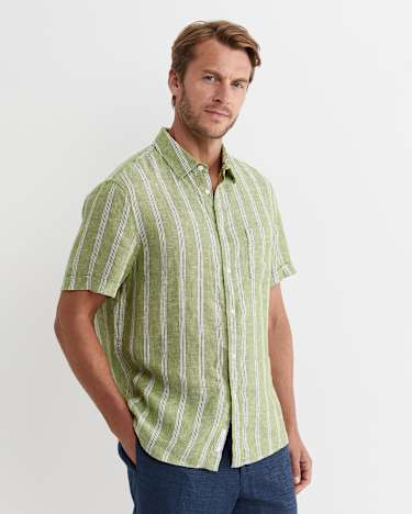 Flynn Short Sleeve Stripe Linen Shirt in GREEN MULTI
